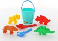 Набір №527: відро-замок велике, лопатка №5, грабельки №5, формочки (тигр + мамонт + динозавр №1 + динозавр №2) 51806