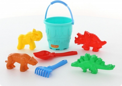 Набір №527: відро-замок велике, лопатка №5, грабельки №5, формочки (тигр + мамонт + динозавр №1 + динозавр №2)