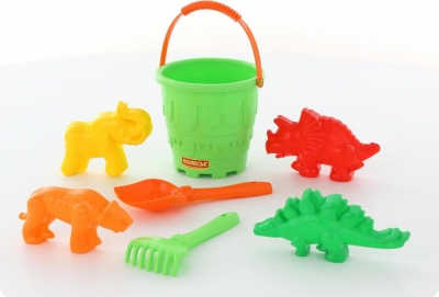 Набір №527: відро-замок велике, лопатка №5, грабельки №5, формочки (тигр + мамонт + динозавр №1 + динозавр №2)