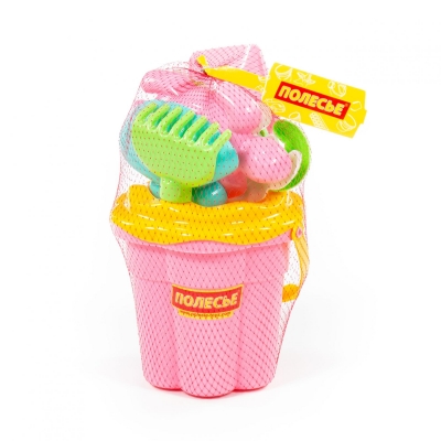 Набір №307: відро-квітка середнє №3, ситечко-квітка середнє №3, лопатка №5, грабельки №5, формочки (краб №2 + морський коник + мушля №2 + черепаха)