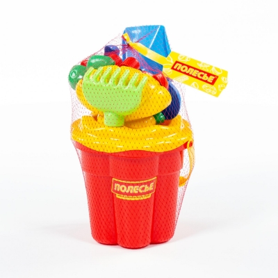 Набір №307: відро-квітка середнє №3, ситечко-квітка середнє №3, лопатка №5, грабельки №5, формочки (краб №2 + морський коник + мушля №2 + черепаха)