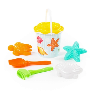 Набір №357: відро з наклейкою, ситечко "Сонечко", лопатка №5, грабельки №5, формочки (морська зірка №1 + мушля №1 + черепаха)