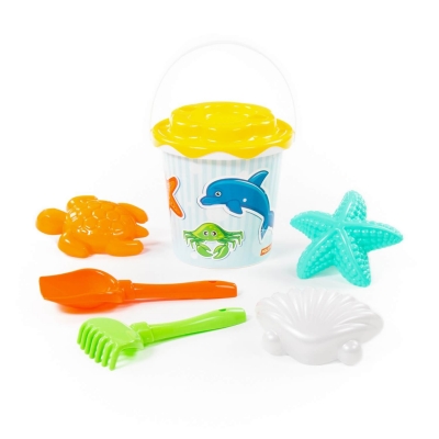 Набір №357: відро з наклейкою, ситечко "Сонечко", лопатка №5, грабельки №5, формочки (морська зірка №1 + мушля №1 + черепаха)