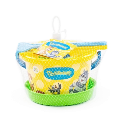 Набір "Простоквашино" №3: відро середнє з наліпкою, ситечко, лопатка, грабельки, формочка (літак), кораблик "Юнга"