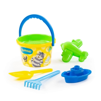 Набір "Простоквашино" №3: відро середнє з наліпкою, ситечко, лопатка, грабельки, формочка (літак), кораблик "Юнга"