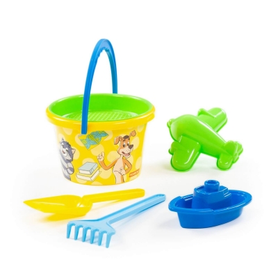 Набір "Простоквашино" №3: відро середнє з наліпкою, ситечко, лопатка, грабельки, формочка (літак), кораблик "Юнга"