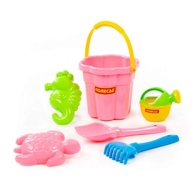 Набір №309: відро-квітка середнє №3, лопатка №5, грабельки №5, формочки (морський коник + черепаха), лійка мала №3