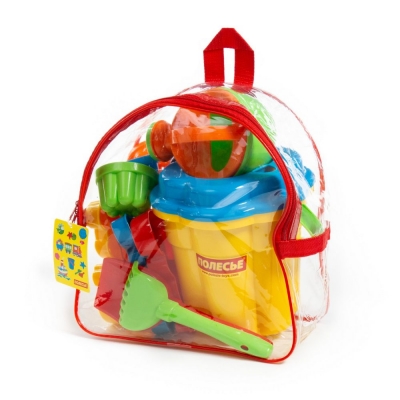 Набір №168 (у рюкзаку): відро-квітка велике, ситечко-квітка велике, лопатка №5, грабельки №5, формочки (білочка + песик + кошеня + ведмідь), 3 формочк