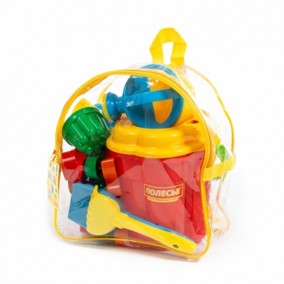 Набір №168 (у рюкзаку): відро-квітка велике, ситечко-квітка велике, лопатка №5, грабельки №5, формочки (білочка + песик + кошеня + ведмідь), 3 формочк