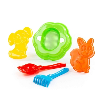 Набір №88: ситечко-квітка велике, лопатка №5, грабельки №5, формочки (білочка + песик)